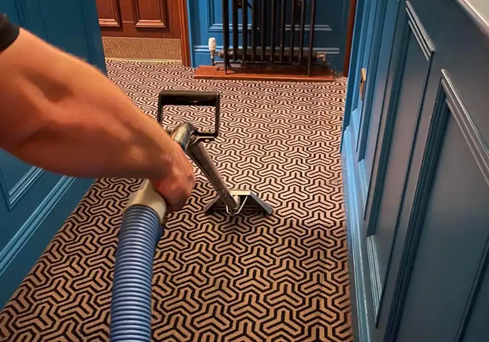 A person using a vacuum to clean a carpet.