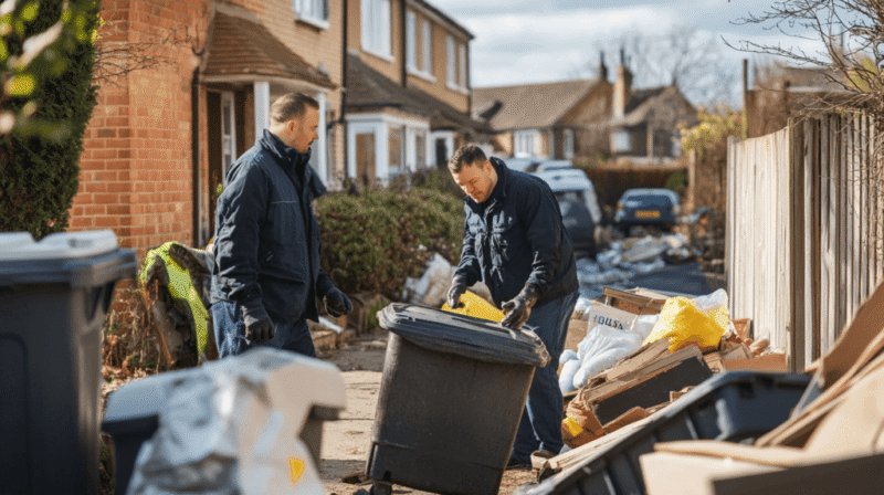 Two men are sorting garbage in a residential area.